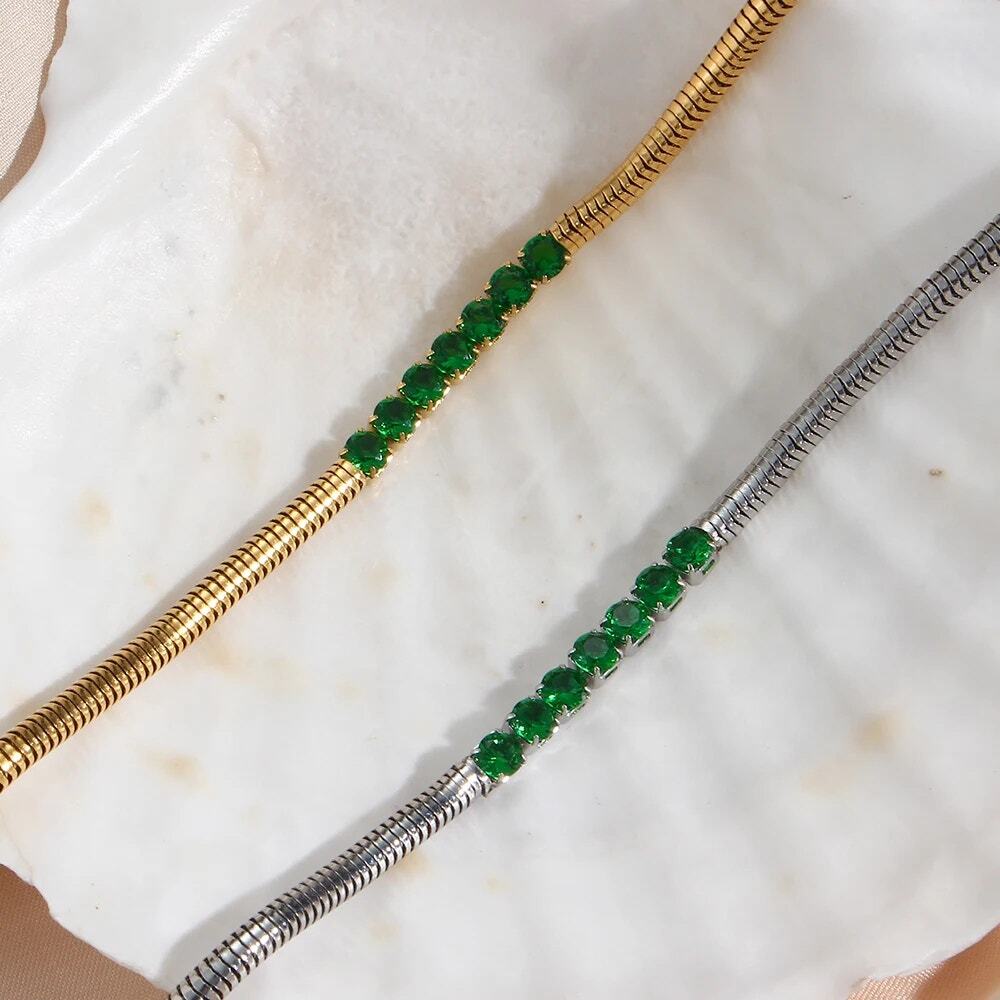 Emerald Green Zircon Snake chain Bracelet 18K Gold Plated Stainless Steel - Picture 4 of 9
